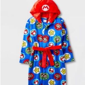 Nintendo Blue Hooded Kids Fleece Robe with Red Hood & Belt